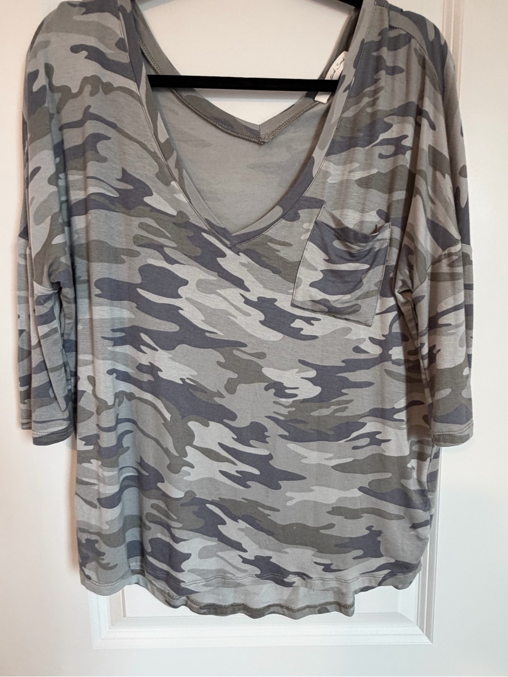 Mustard Seed Gray Camo V Neck Long Sleeve Top